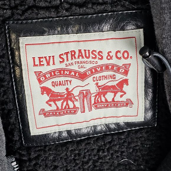 Levis Jacket XL Hooded Faux Leather Brown Sherpa Lined Full Zip Mens Double Zip - Picture 7 of 13